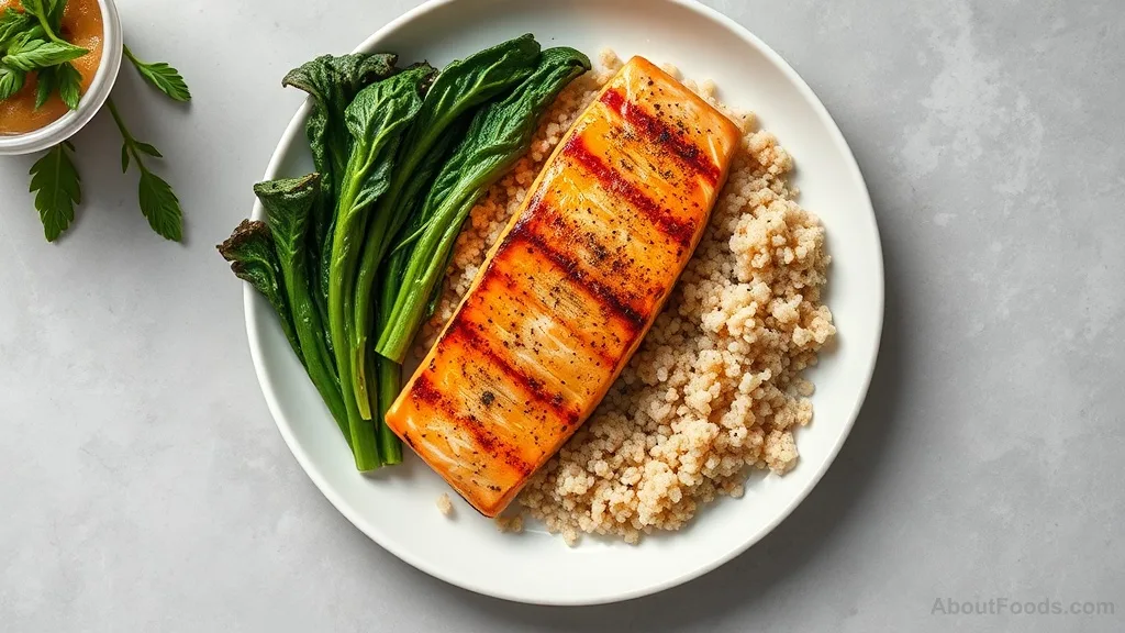 Balanced dinner plate with salmon, quinoa, and greens for better sleep