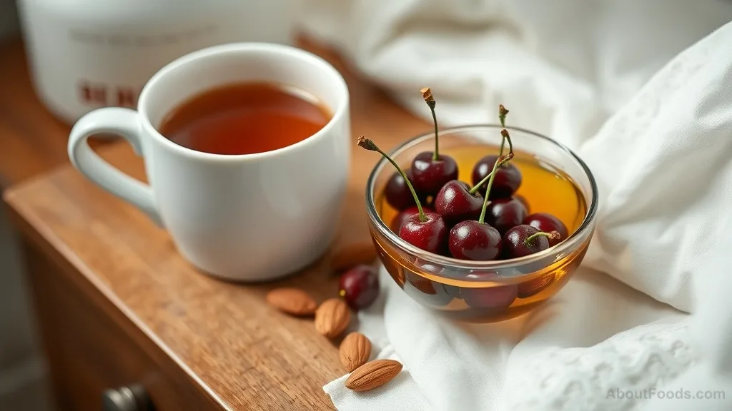 A bedtime snack of tart cherries, almonds, and chamomile tea arranged neatly