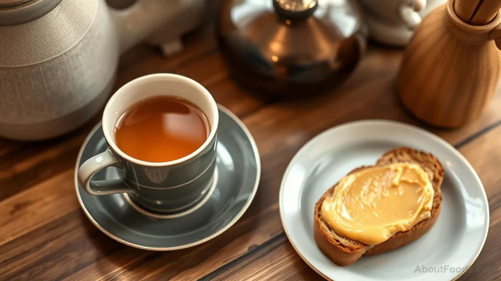 A mug of chamomile tea with honey and a slice of whole-wheat toast with almond butter