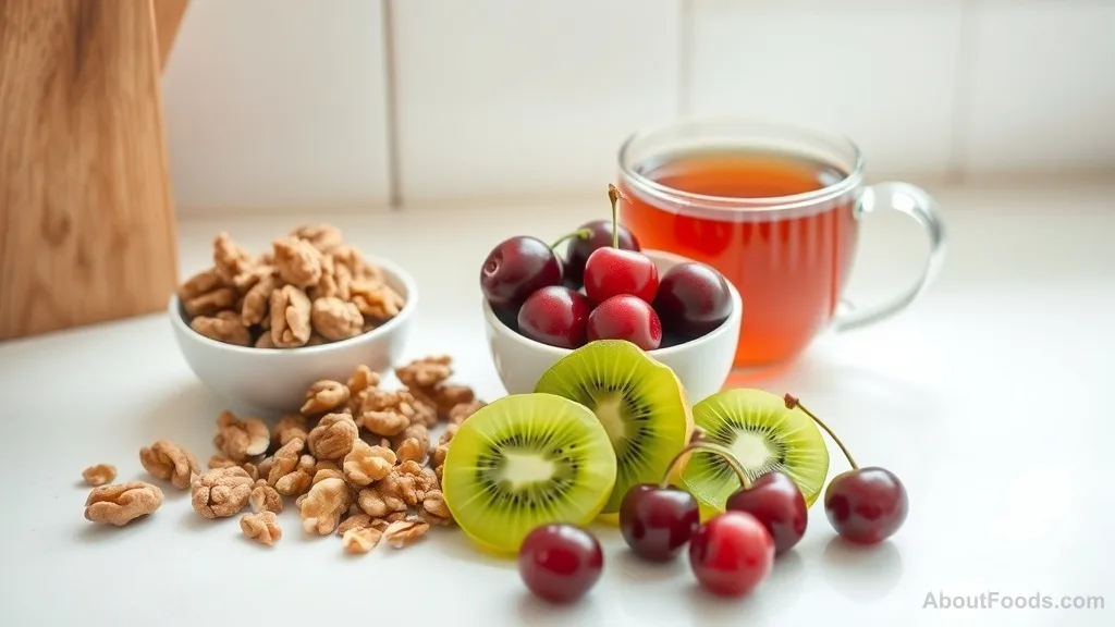 A selection of natural foods known to support sleep, including walnuts, kiwi, and cherries