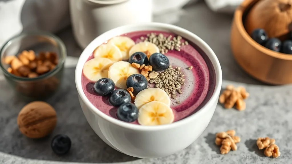 Blueberry and acai smoothie bowl topped with banana, chia seeds, and walnuts