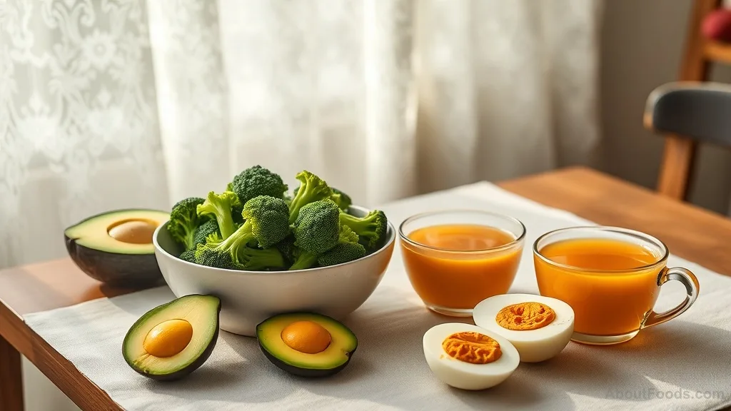 Bowl of broccoli, avocado halves, boiled eggs, and a cup of turmeric tea on a table
