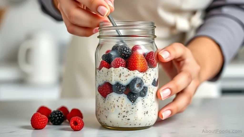 Hands assembling overnight oats with berries and chia seeds in a glass jar