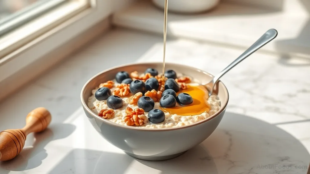 Blueberry walnut oatmeal bowl in morning light.