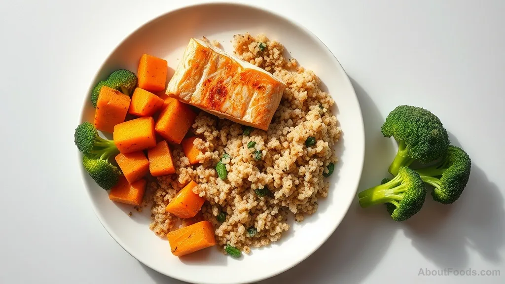 A balanced meal with salmon, quinoa, and vegetables for brain health