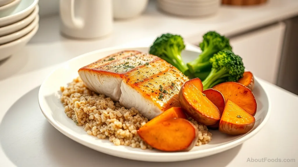 Salmon quinoa bowl with roasted sweet potato and broccoli for lunch energy