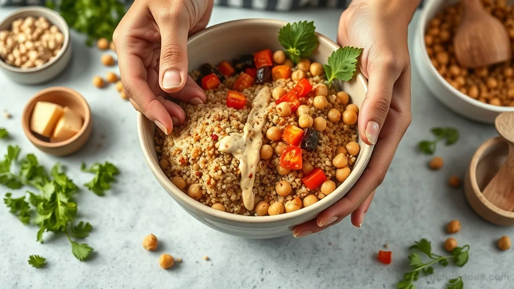 Simple grain bowl with quinoa, chickpeas, and vegetables for easy energy