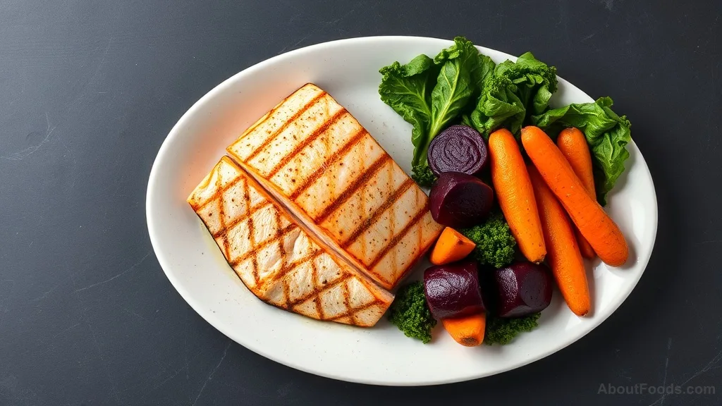 Grilled salmon with roasted root vegetables and kale, a balanced meal for sustained energy