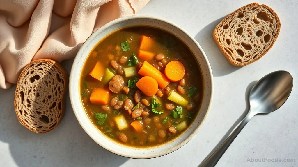 Bowl of homemade lentil soup with vegetables and whole grain bread