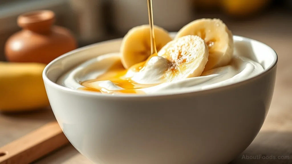 If I may, a sleek Greek yogurt bowl adorned with banana slices and golden honey, a classic probiotic-rich breakfast.