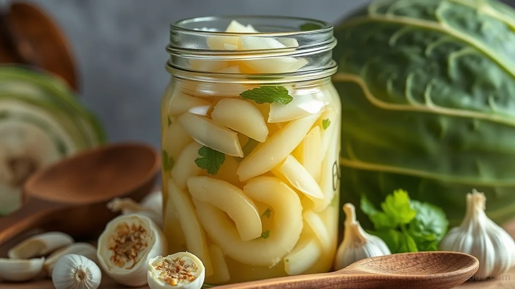 Homemade fermented sauerkraut in a jar with garlic