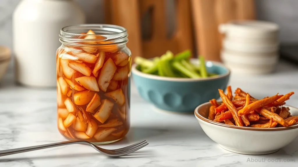 Close-up of sauerkraut and kimchi in jars on a marble counter