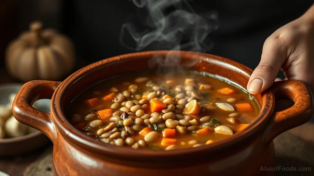 Hands stirring a hearty bean and lentil soup in a traditional clay pot with vegetables