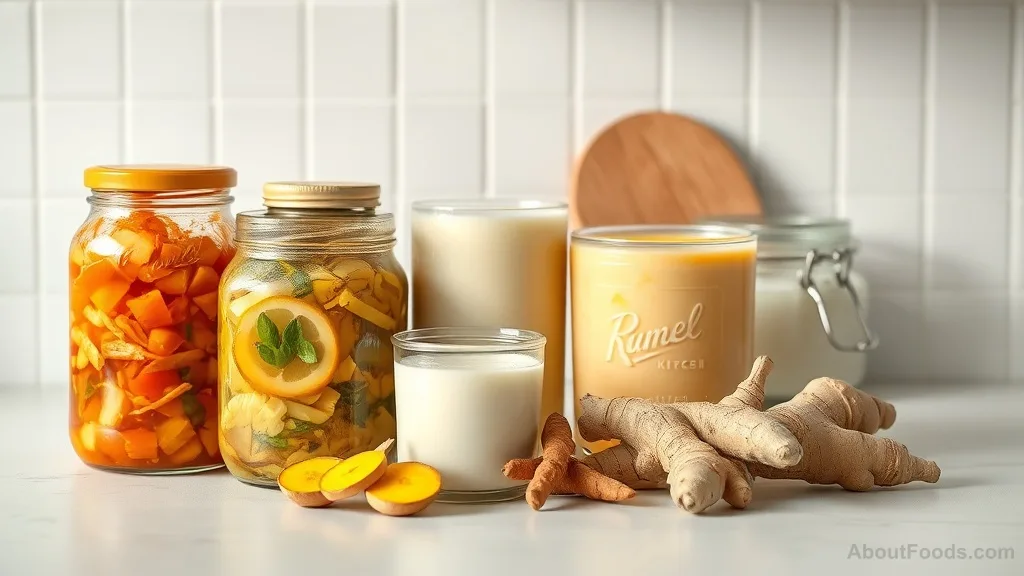 Jars of fermented foods like kimchi and sauerkraut with fresh ginger and turmeric on a kitchen counter
