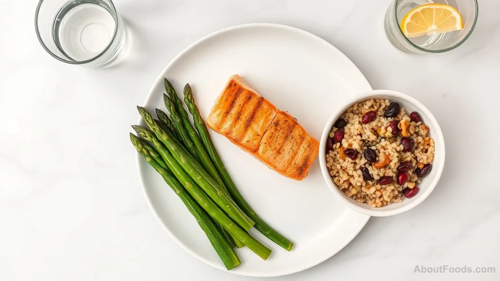 Grilled salmon with asparagus, quinoa, walnuts, and cranberries on a white plate