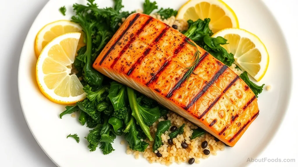 Grilled salmon with kale and quinoa on white plate