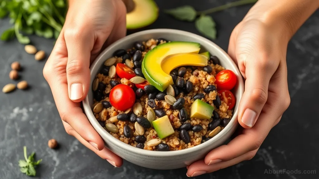 Prepared quinoa bowl with black beans, avocado, tomatoes, and pumpkin seeds being drizzled with olive oil