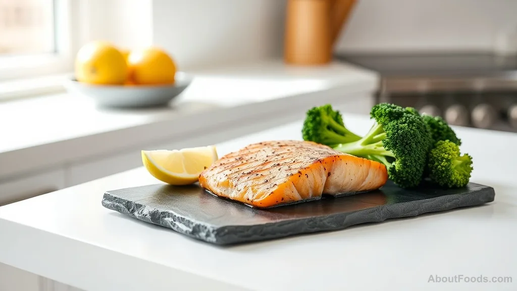 Grilled salmon with broccoli and lemon on a plate