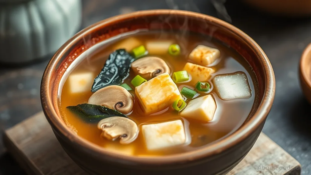 Hearty miso soup with mushrooms and tofu in a ceramic bowl