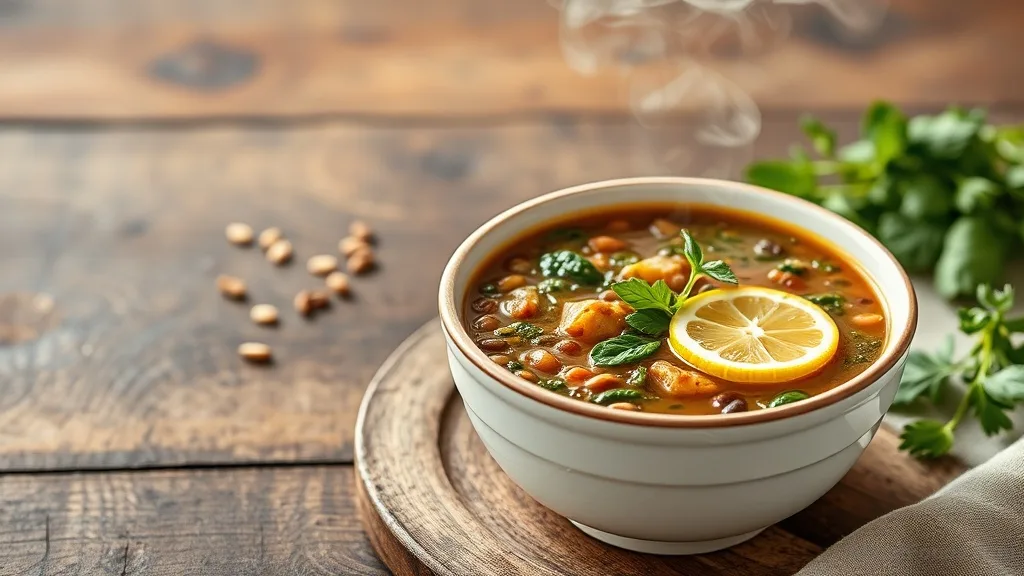 A bowl of lentil and spinach soup with lemon