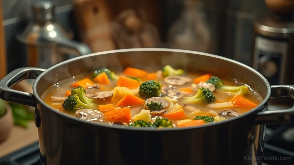 Hearty vegetable soup cooking in a pot