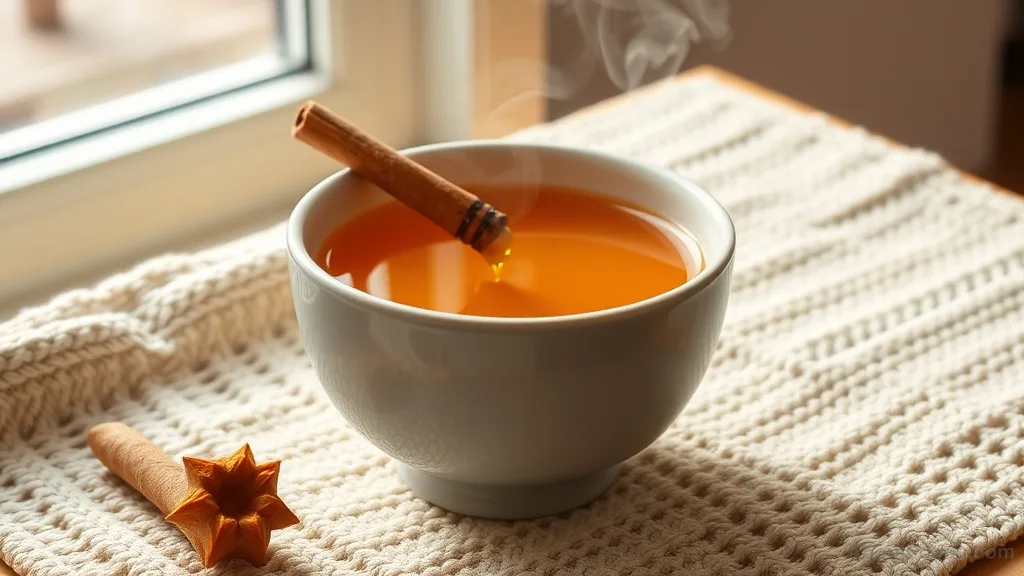 A steaming mug of golden turmeric ginger tea with cinnamon and honey