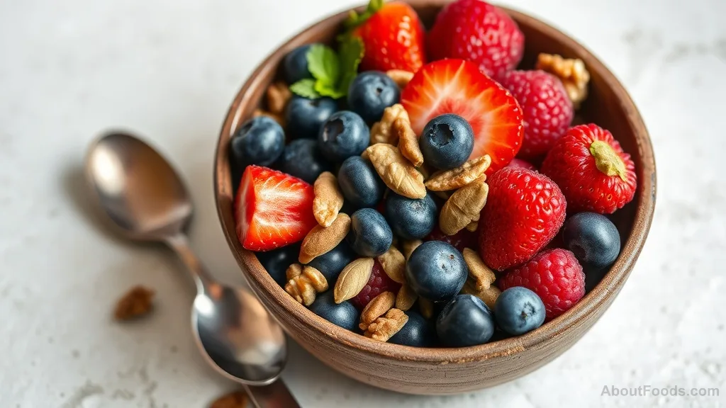 A bowl of mixed berries, walnuts, and pumpkin seeds