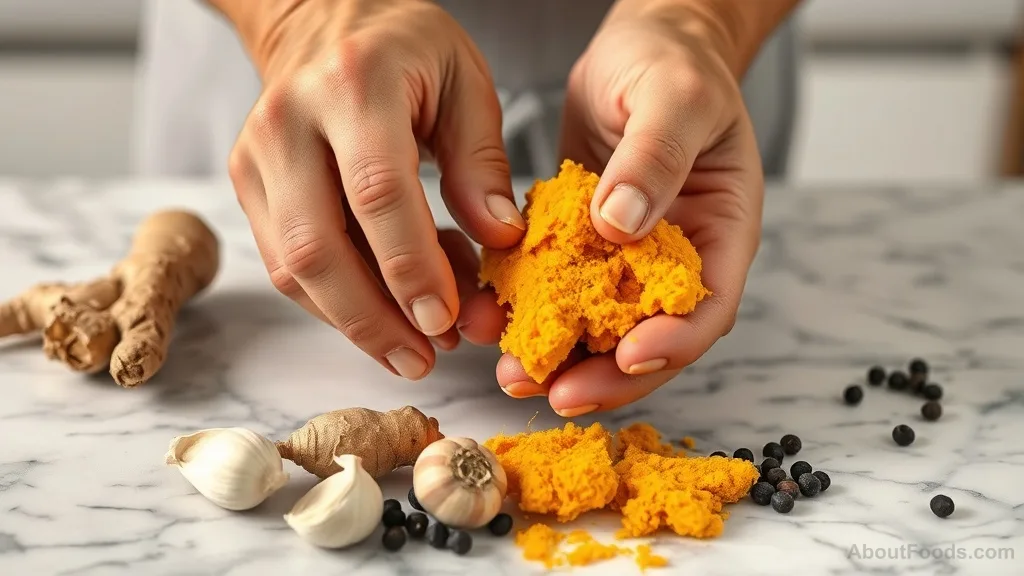 Fresh turmeric, ginger, and garlic being prepared in a kitchen
