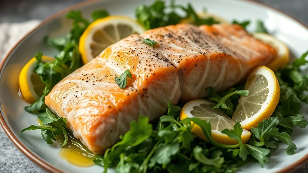 Salmon fillet on a bed of arugula with lemon and olive oil