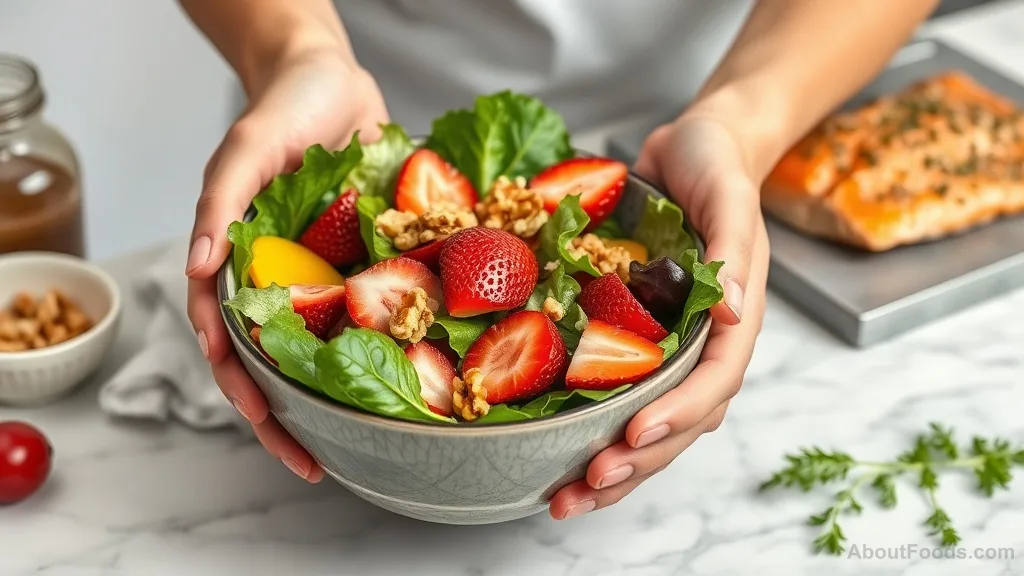 Colorful anti-inflammatory salad with leafy greens, berries, nuts, olive oil, and salmon