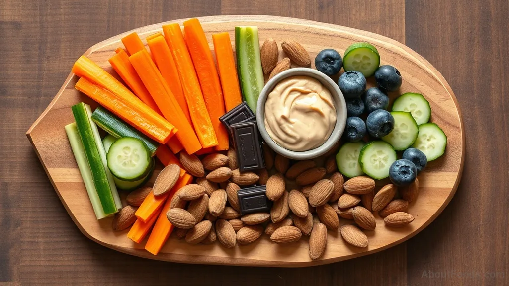 A snack board with skin-healthy foods like carrots, almonds, and blueberries