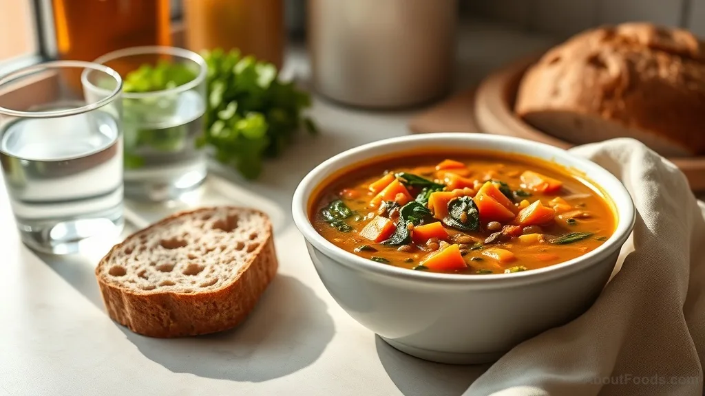 A bowl of homemade lentil soup with vegetables, a budget-friendly meal for skin health