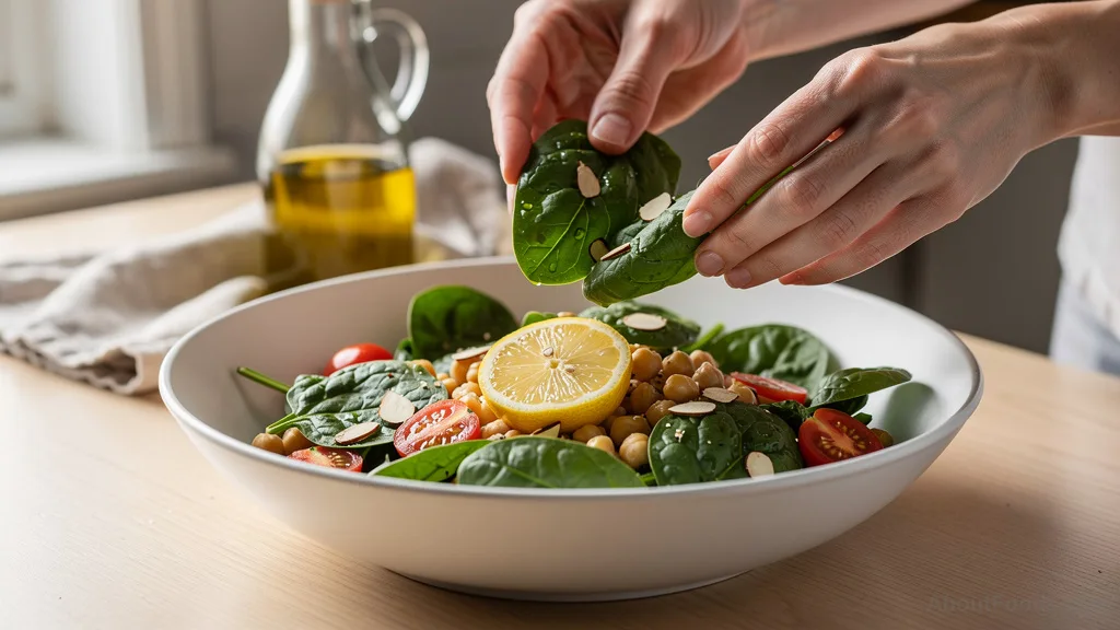 Hands preparing a budget-friendly spinach and chickpea salad with lemon and olive oil