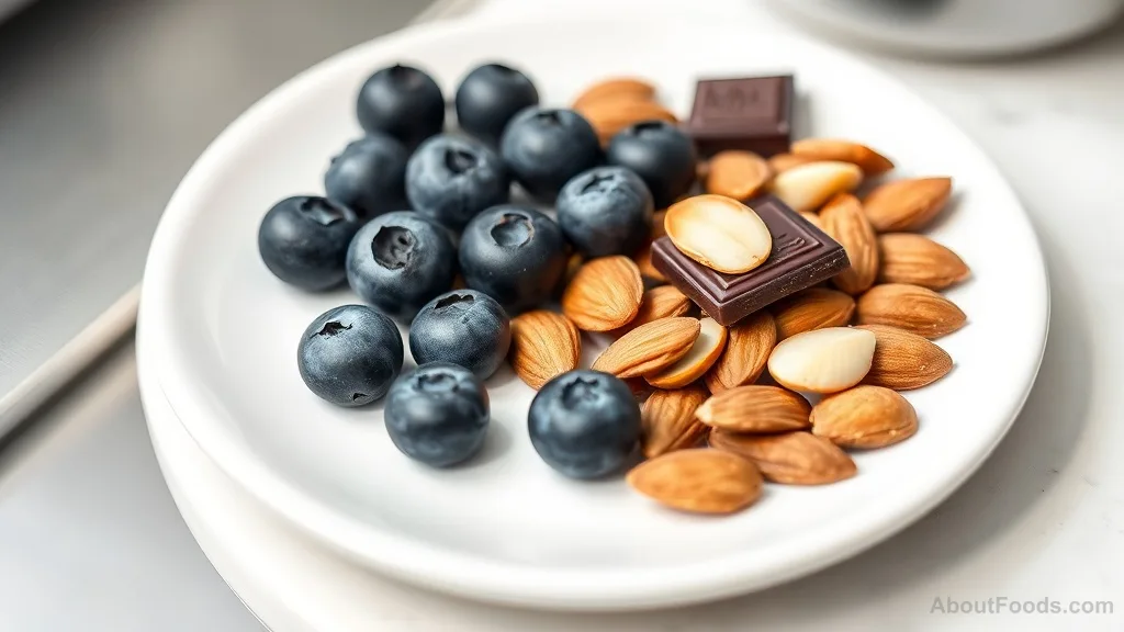 Antioxidant-rich snack of blueberries, almonds, and dark chocolate