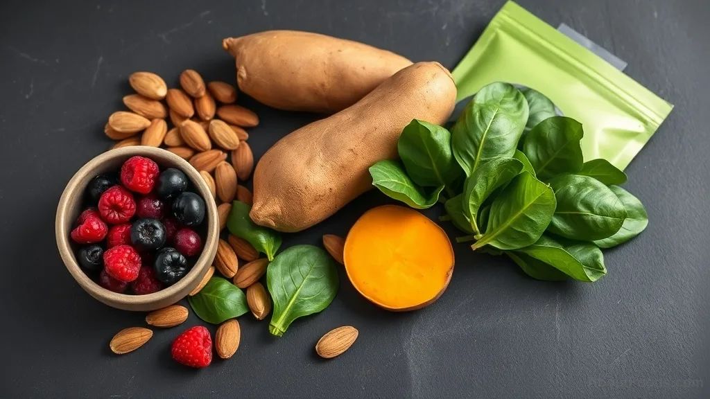 A selection of skin-friendly whole foods including berries, nuts, and vegetables