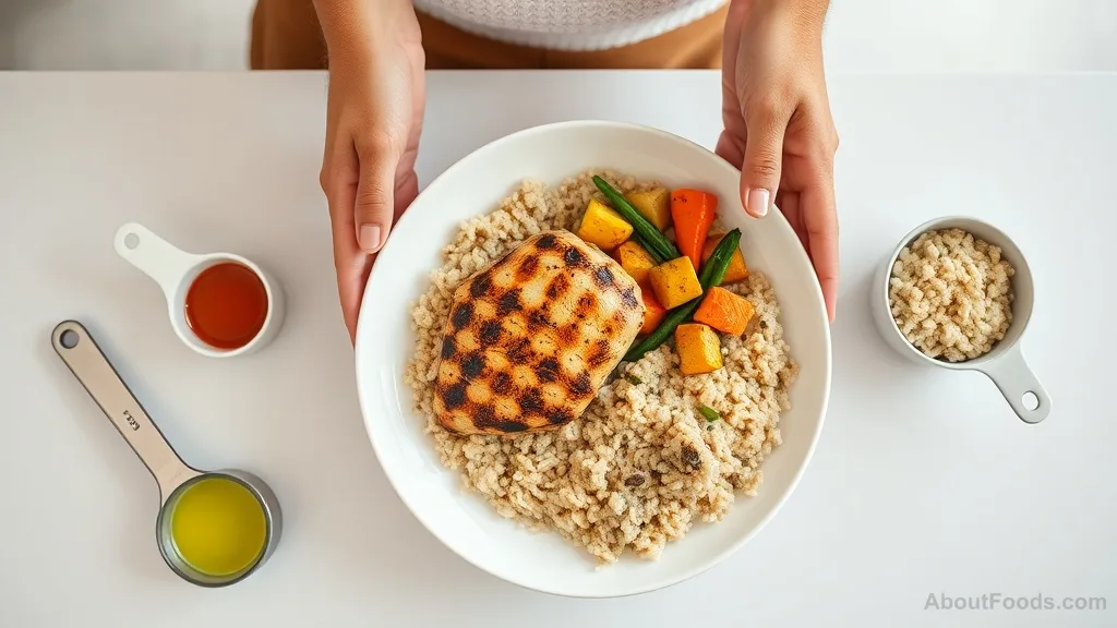 Hands preparing a balanced meal with proper portion sizes