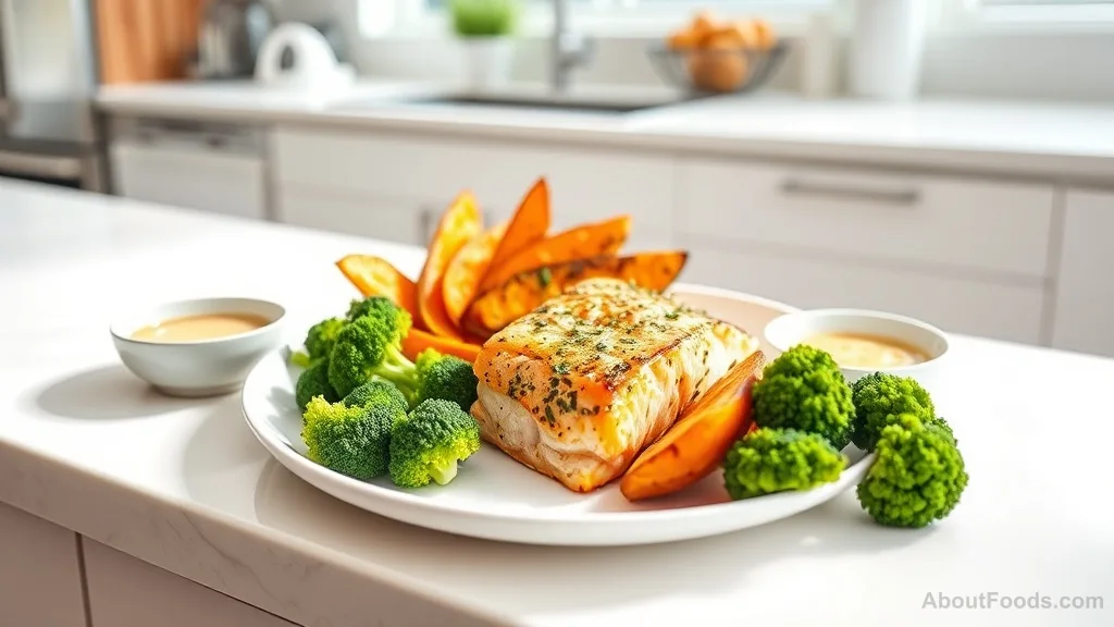 Grilled salmon with roasted sweet potato and broccoli on a plate
