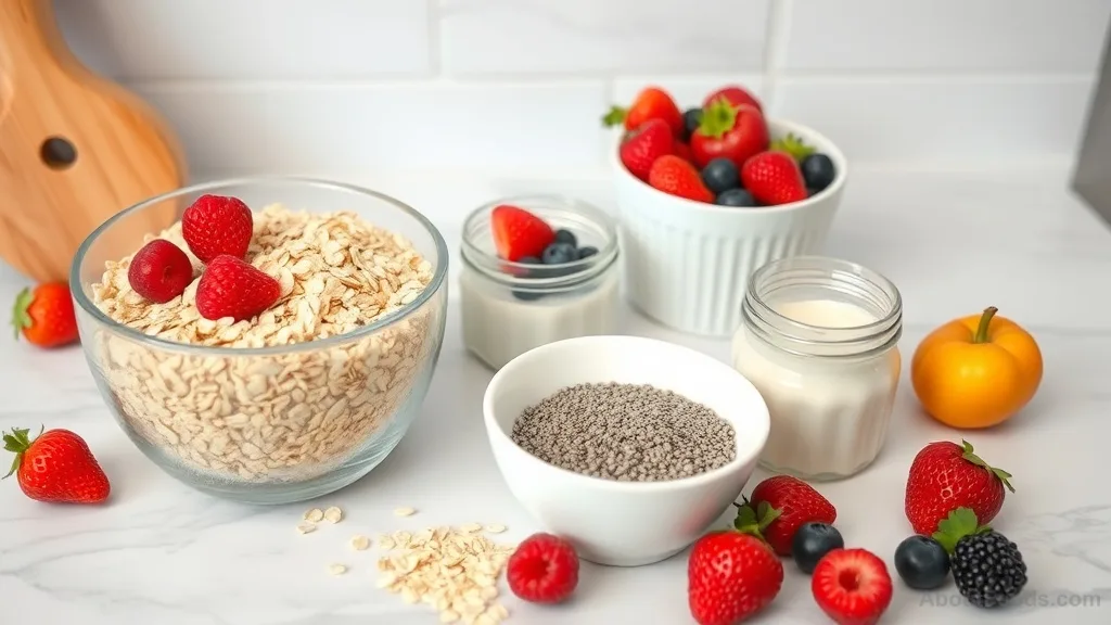 Ingredients for a high-fiber breakfast including oats, berries, and Greek yogurt