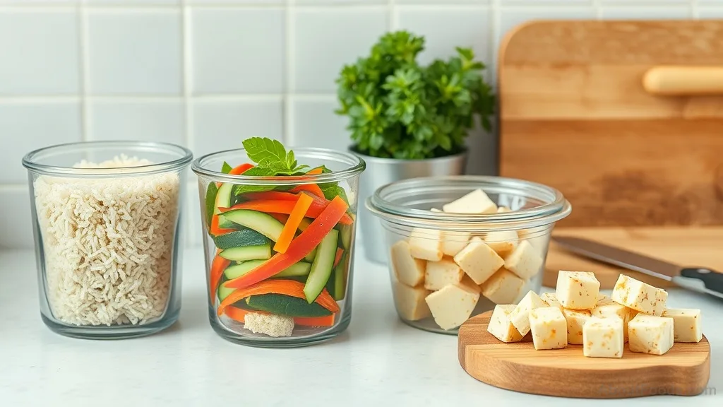 Meal prep containers with rice, vegetables, and tofu on a kitchen counter
