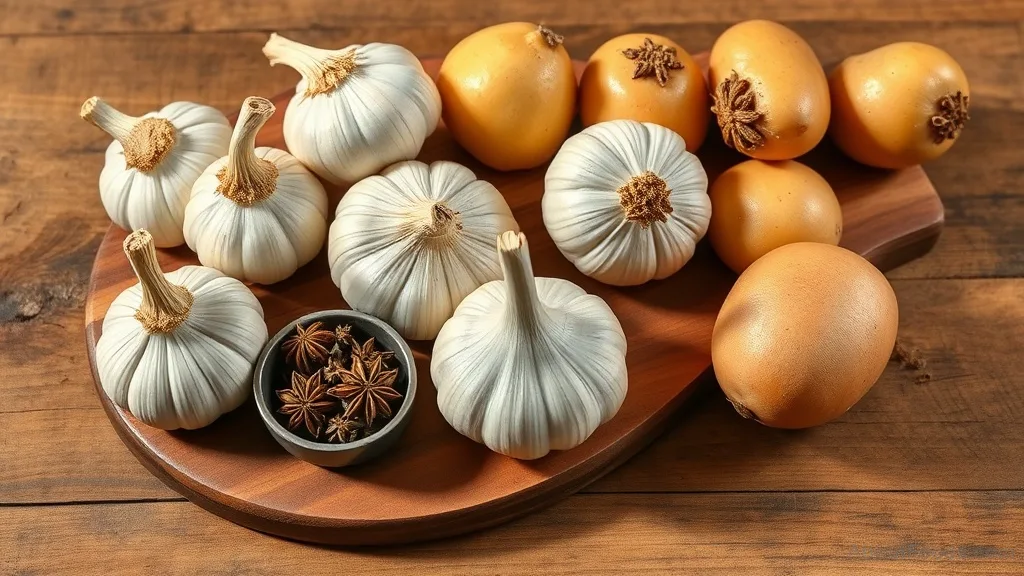 Garlic, onions, potatoes, and star anise on a wooden board