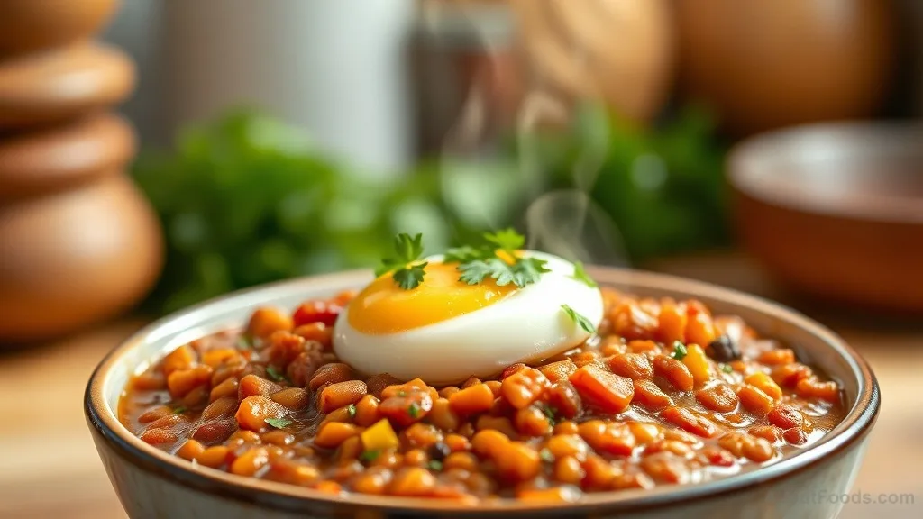 A bowl of hearty lentil stew with an egg on top, garnished with herbs