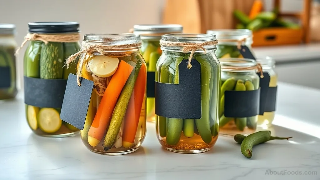 Three jars of fermented pickles with different vegetables and spices.
