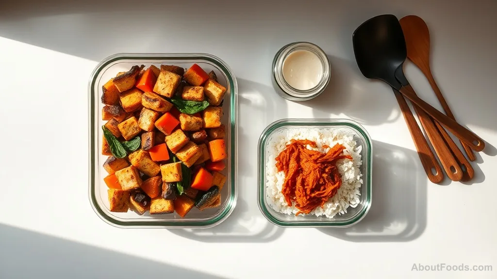 Meal prep containers with fermented food ingredients like tempeh and kimchi