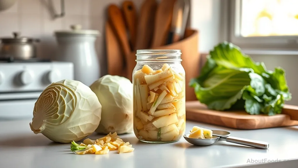 Homemade sauerkraut in jar with fresh cabbage on kitchen counter