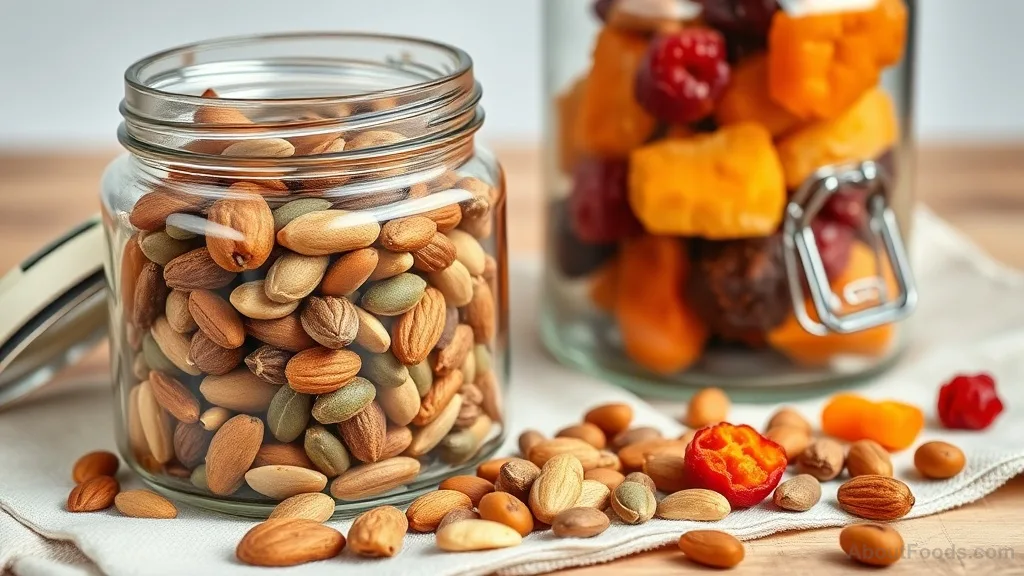 Mason jars with nuts and dried fruit