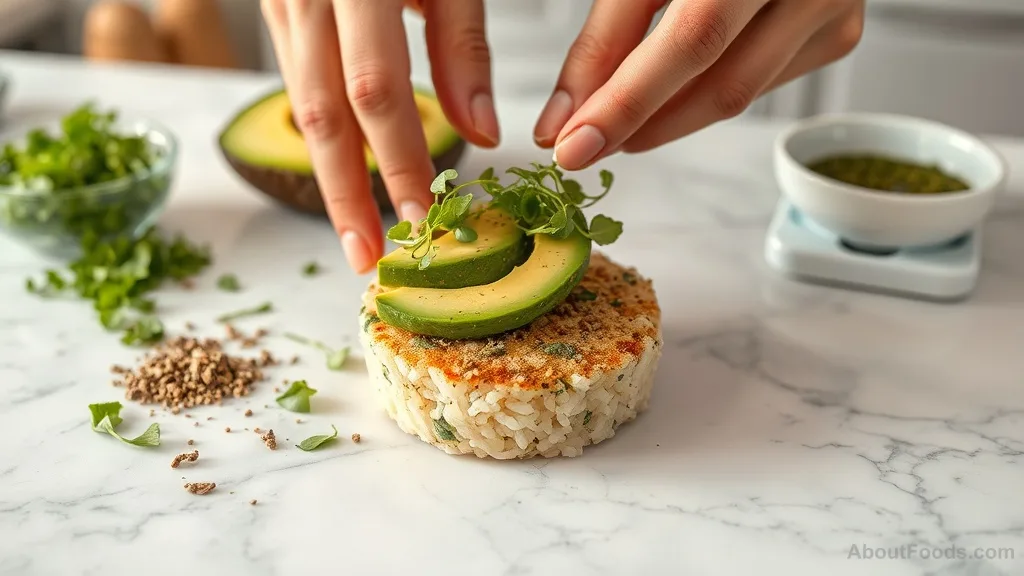 Hands building a nutritious rice cake snack meal with avocado and seasonings