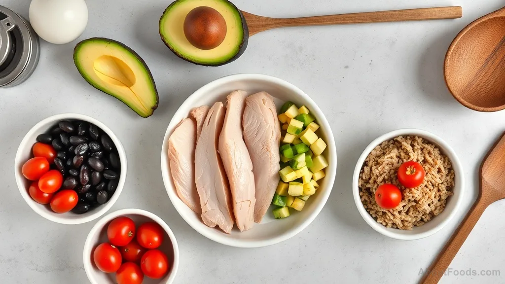 Ingredients for building a high-protein bowl arranged neatly on a kitchen counter