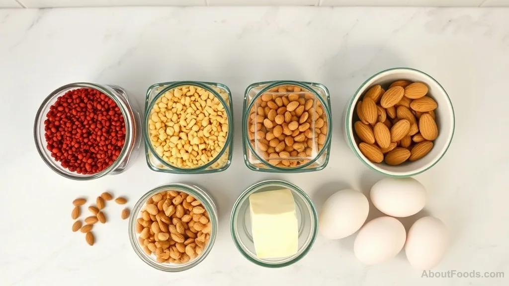 Organized glass jars with high-protein ingredients like lentils, quinoa, chickpeas, and almonds on a kitchen counter