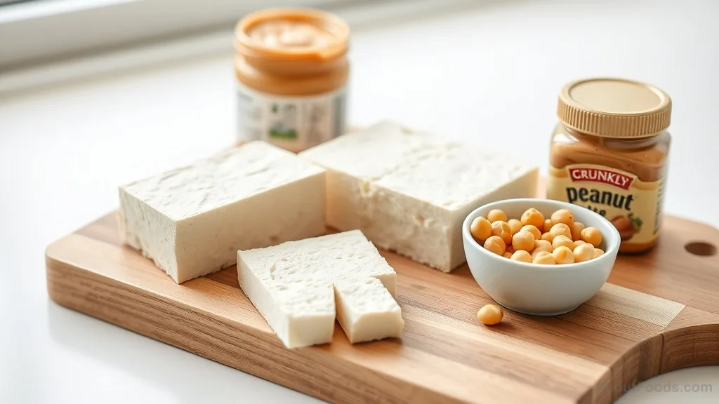 Close view of tofu, chickpeas, and peanut butter on a cutting board