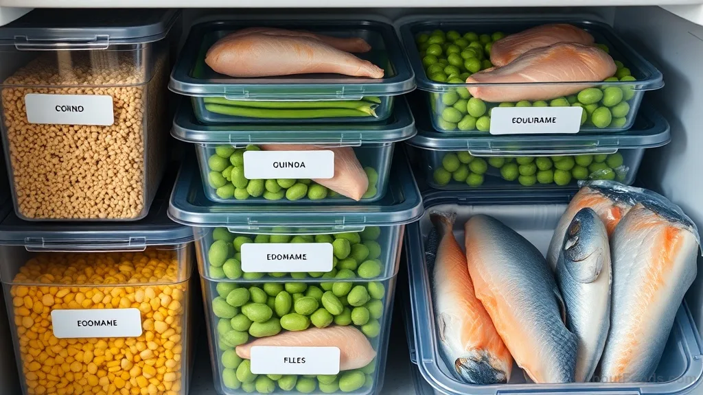 Organized freezer containing cooked quinoa, chicken breasts, edamame, and fish fillets in clear containers